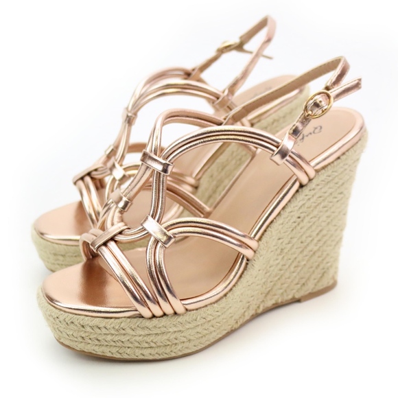 Qupid Kelsey Rose Gold Metallic Espadrille Wedge - Picture 1 of 8